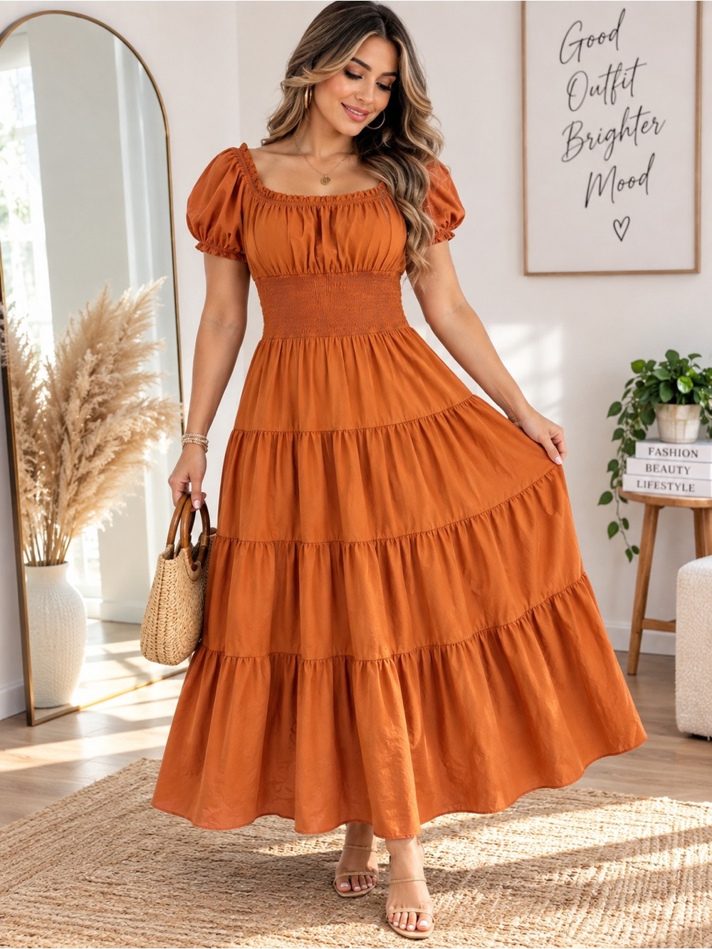 Tiered Puff Sleeve Maxi Dress in Rust